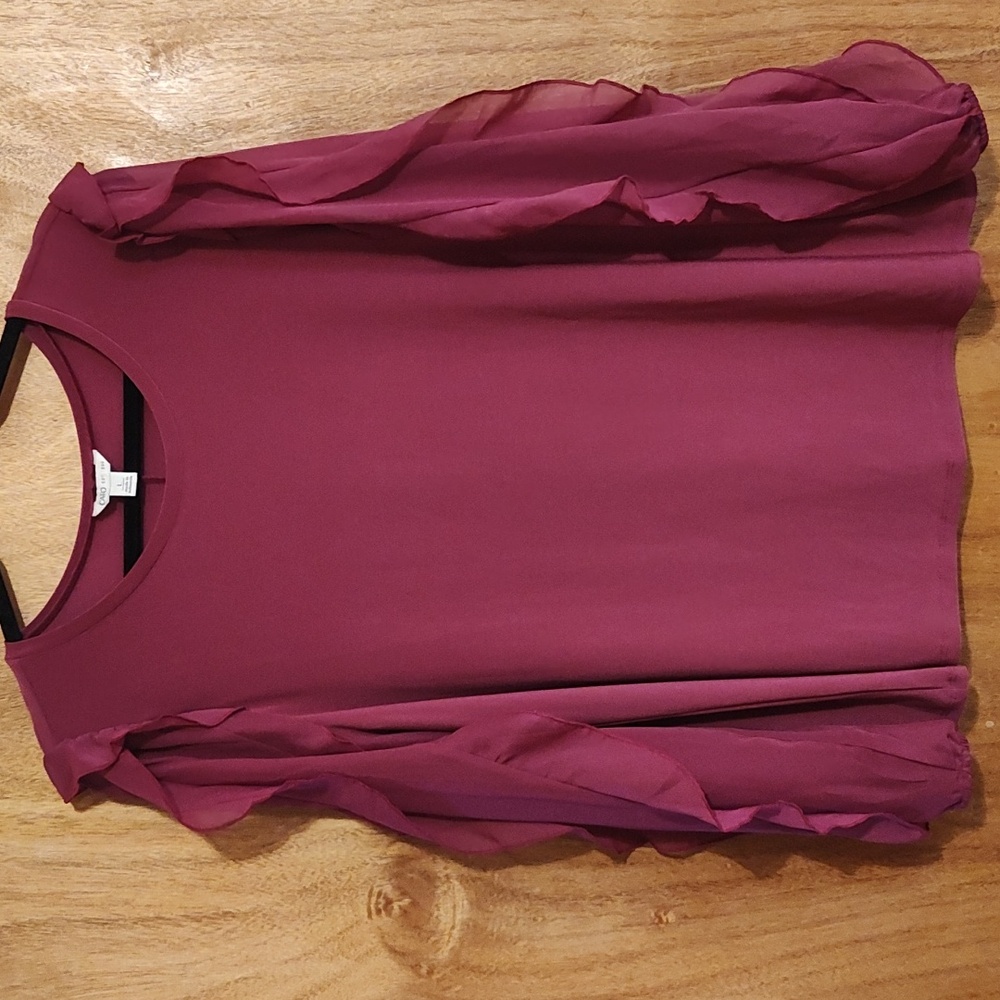 Cato Stretch Long Sleeve Top Berry/Magenta Sheer Ruffle Sleeves Crew Neck Large